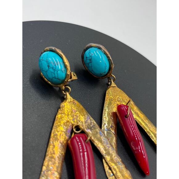 Sylvia Toledano Coral and Turquoise Corail Drop Bold 22k GP Drop Clip Earrings - Picture 10 of 11